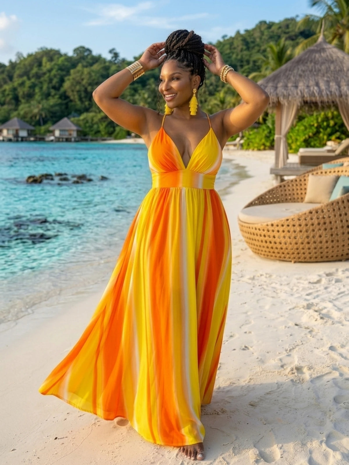Women Plus Size Deep V Neck Spaghetti Strap Gradient Print Maxi Dress Elegant Sleeveless A Line Long Dress For Beach Vacation Party Occasion