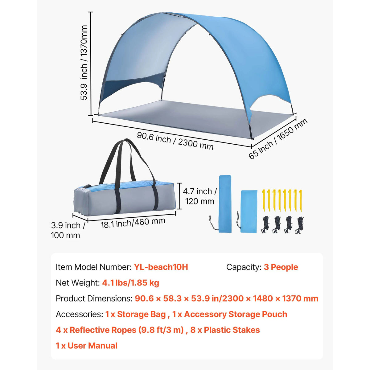 Beach Tent Sun Shelter for 3/4 Person UPF 50+