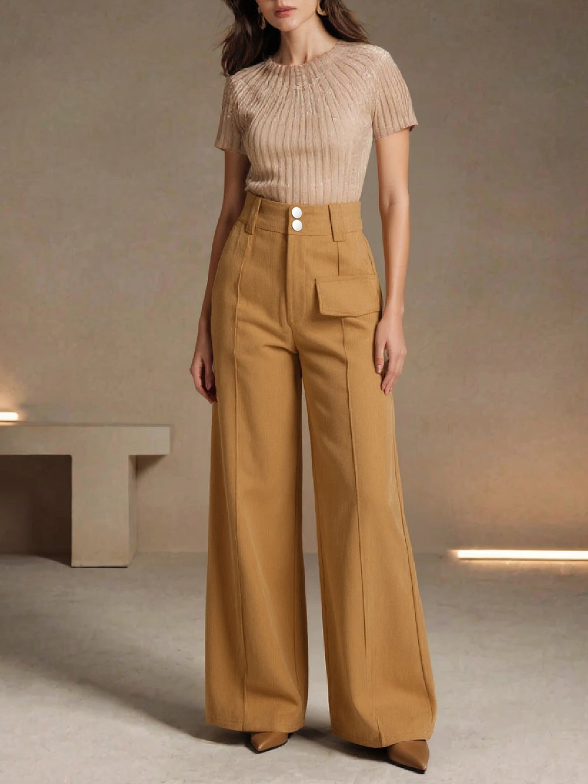 Women's High Waist Corduroy Wide Leg Casual Pants