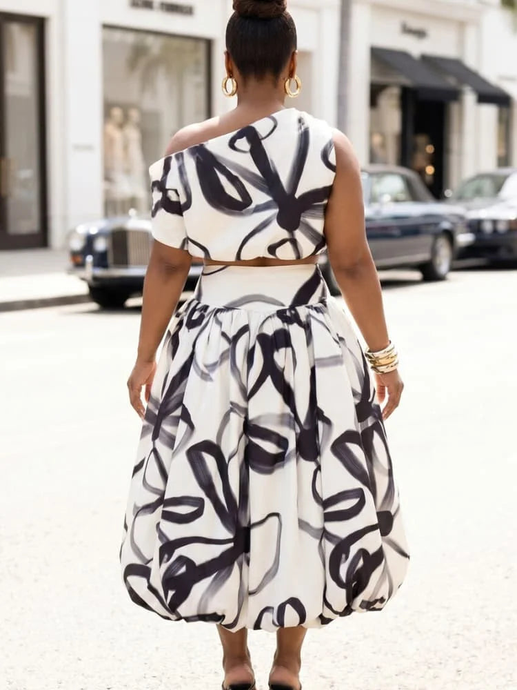 Plus Size Asymmetrical Neck Sleeveless Crop Top + High Waist Bubble Midi Skirt Matching Set