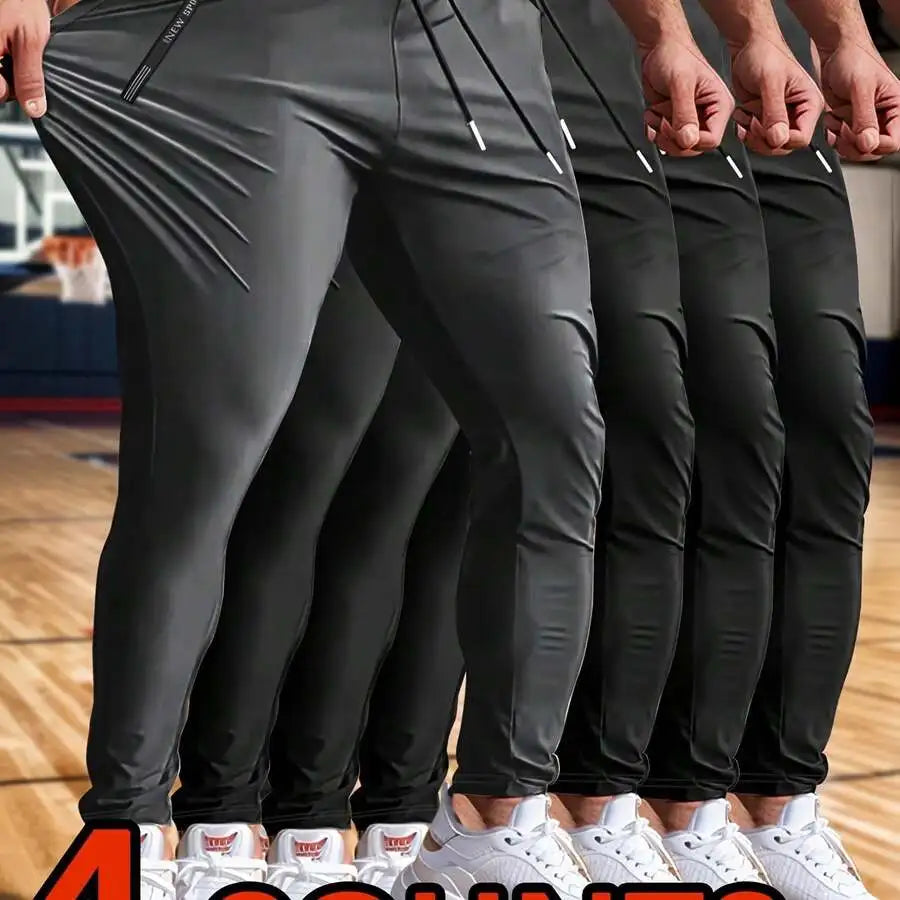 4pcs Men's Spring/Autumn Lightweight High-Stretch Ankle Pants, Athletic Jogger Pants With Letter Print, Zipper Pockets, And