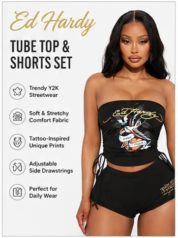 English: Women 2 Piece Y2K Outfits Vintage Tattoo Graphic Strapless Tube Top High Cut Shorts Set Adjustable Drawstring Ruched Crop Top Casual Going Out Tracksuit