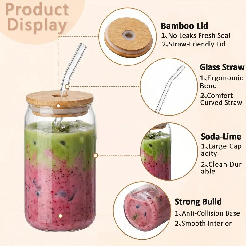 6/8 Pack Can‑Shaped Glass Cups Set with Bamboo Lids, Clear Iced Coffee Drinking Glass Tumbler, Reusable Glass Straws, Cleaning Brushes and Stickers, Soda Beer Juice Cocktail Beverage Cups for Home Kitchen Party