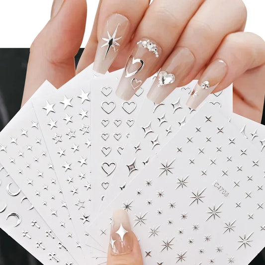 Metallic Silver 3D Star Chain Heart Nail Stickers 6 Sheets Self Adhesive Decals Professional Salon DIY Gel Nail Art Supply