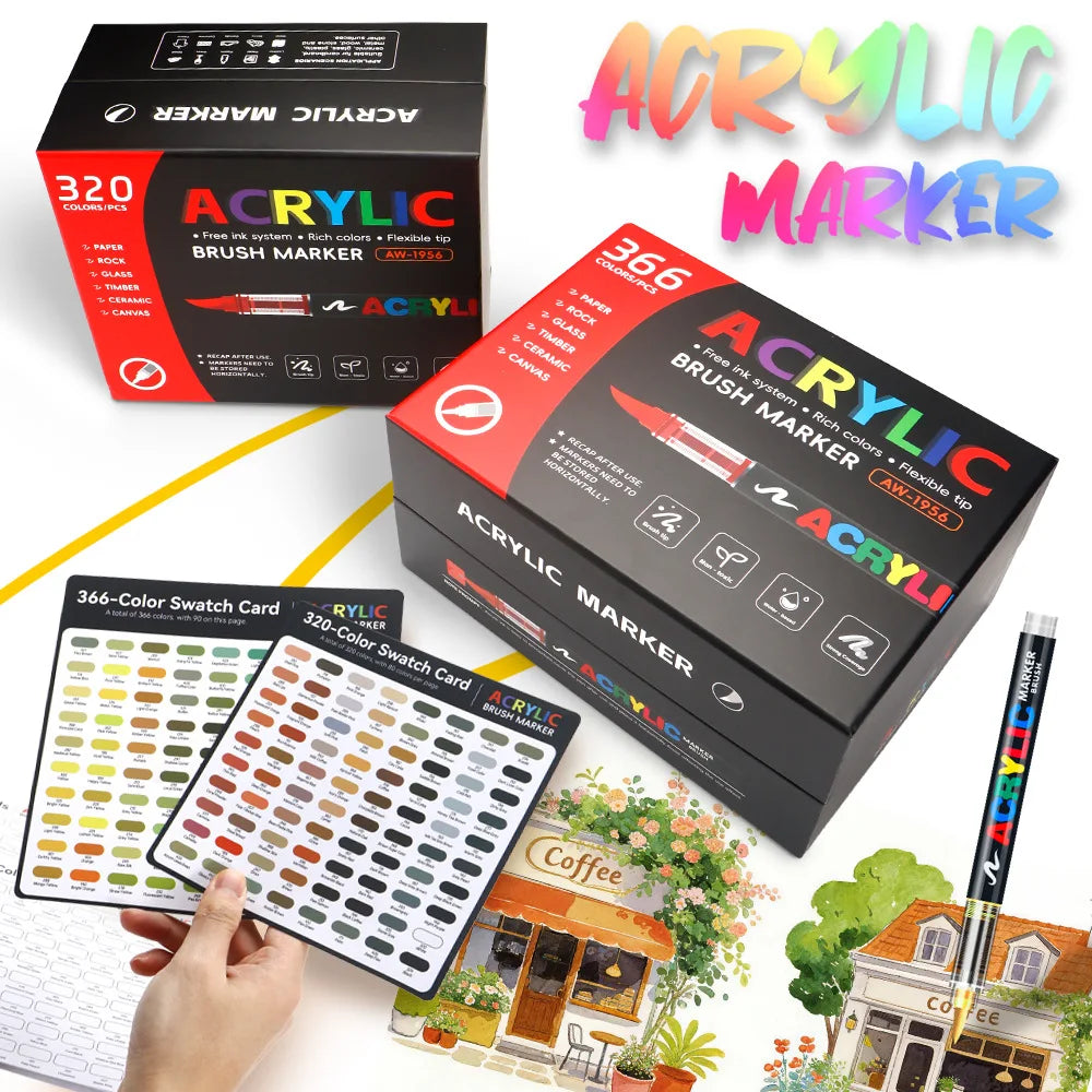 320/366Colors Acrylic Markers Brush Pens for Fabric Rock Painting Pen Stone Ceramic Wood DIY Card Making Art Supplies