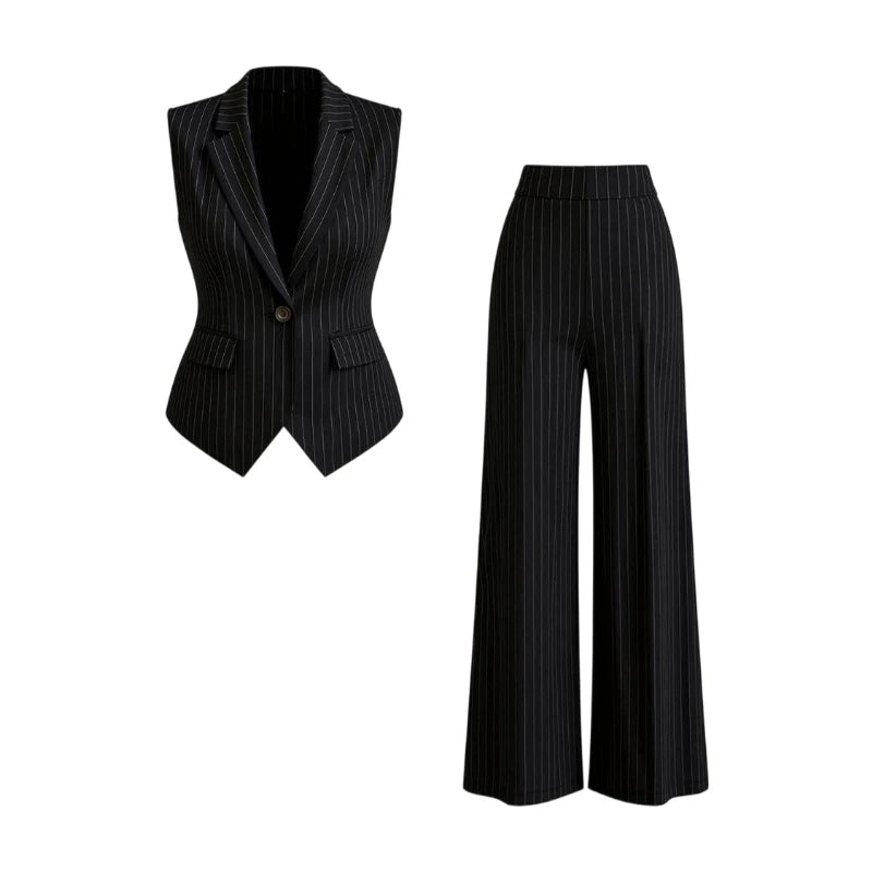 Vertical Stripe Lapel Sleeveless Vest And High Waist Wide Leg Pants