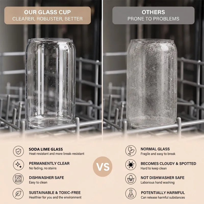 6/8 Pack Can‑Shaped Glass Cups Set with Bamboo Lids, Clear Iced Coffee Drinking Glass Tumbler, Reusable Glass Straws, Cleaning Brushes and Stickers, Soda Beer Juice Cocktail Beverage Cups for Home Kitchen Party