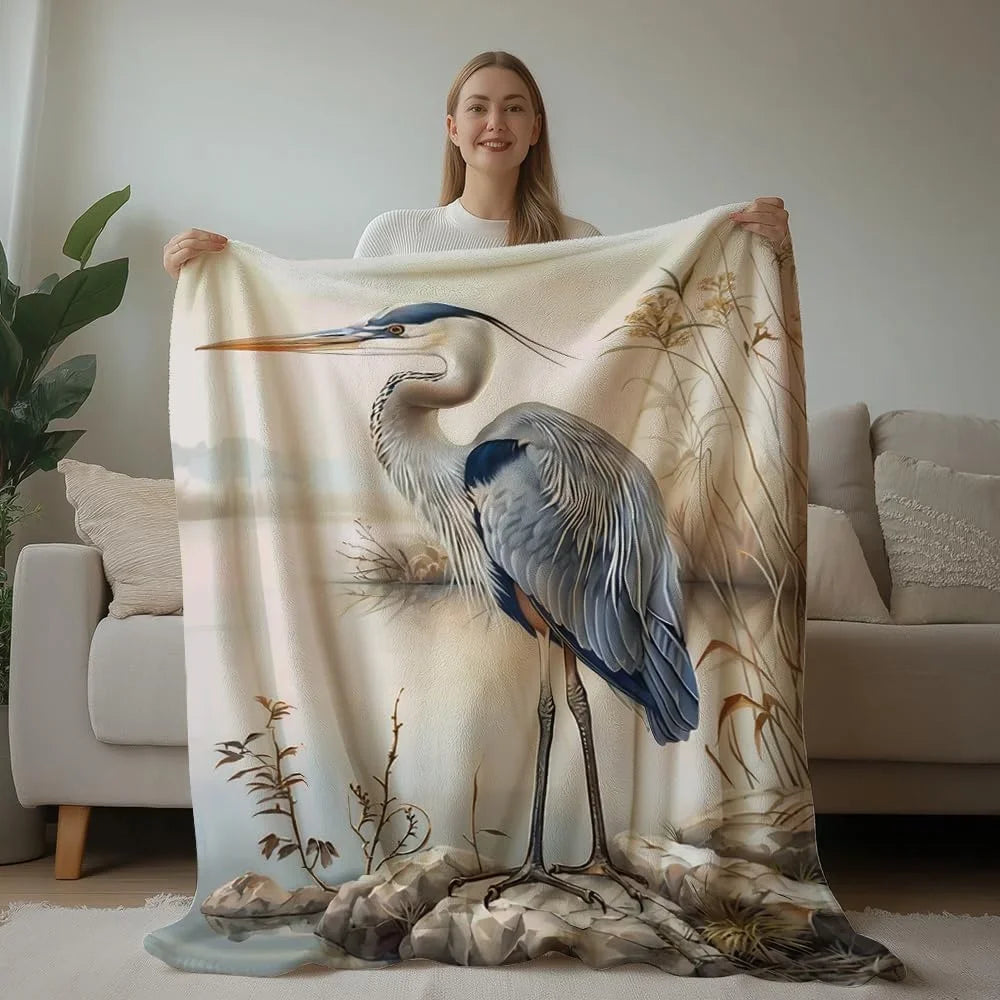 Blue Heron Bird Print Flannel Throw Blanket For All Seasons