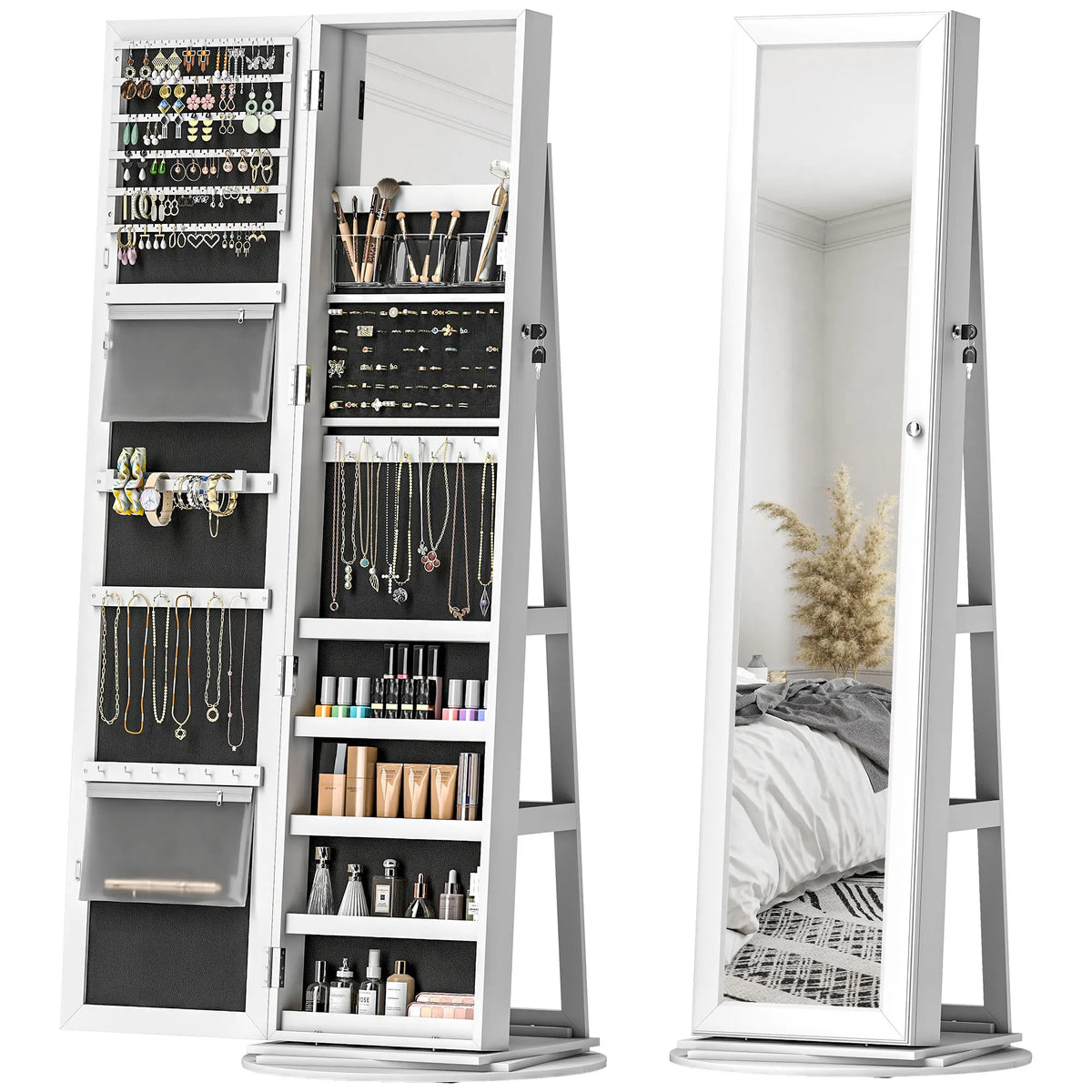 HOMCOM Lockable Jewelry Armoire Organizer With Full Length Mirror