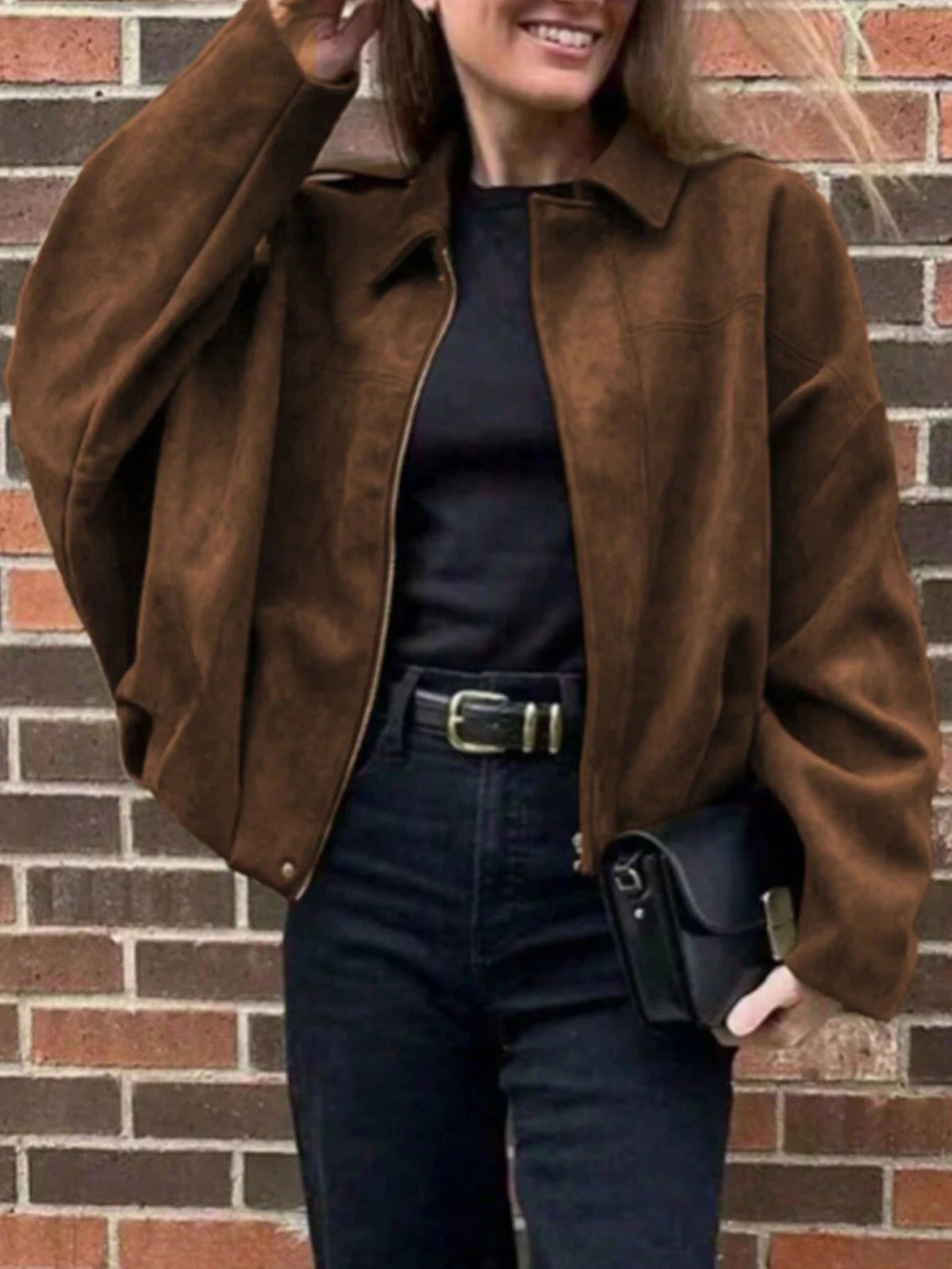 Womens Vintage Suede Casual Zipper Jacket for Night Out