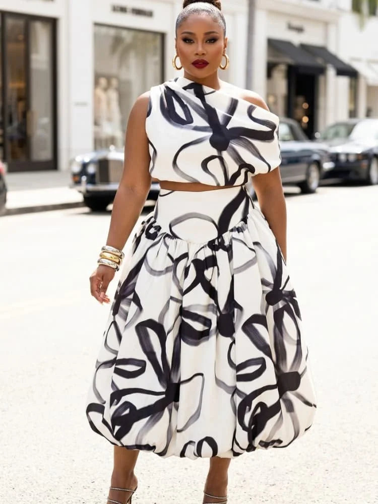 Plus Size Asymmetrical Neck Sleeveless Crop Top + High Waist Bubble Midi Skirt Matching Set