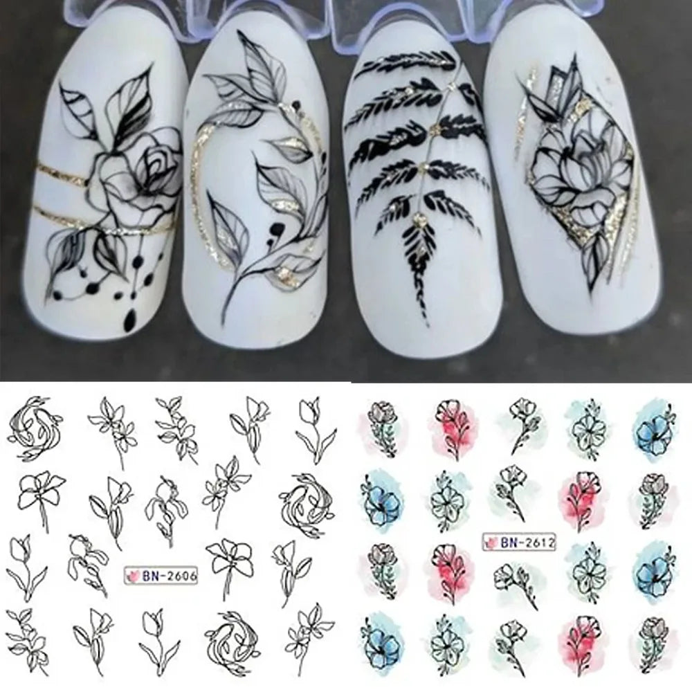 Ink Flowers Nail Art Sticker Summer Water Decal Blooming Flowers Leaves Graffiti Slider Nail Decoration Foils Tattoo
