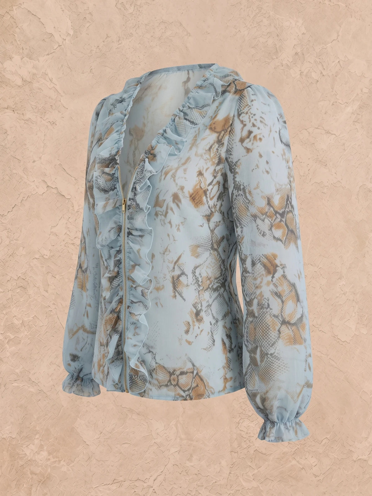 Women V Neck Ruffle Trim Zipper Front Long Sleeve