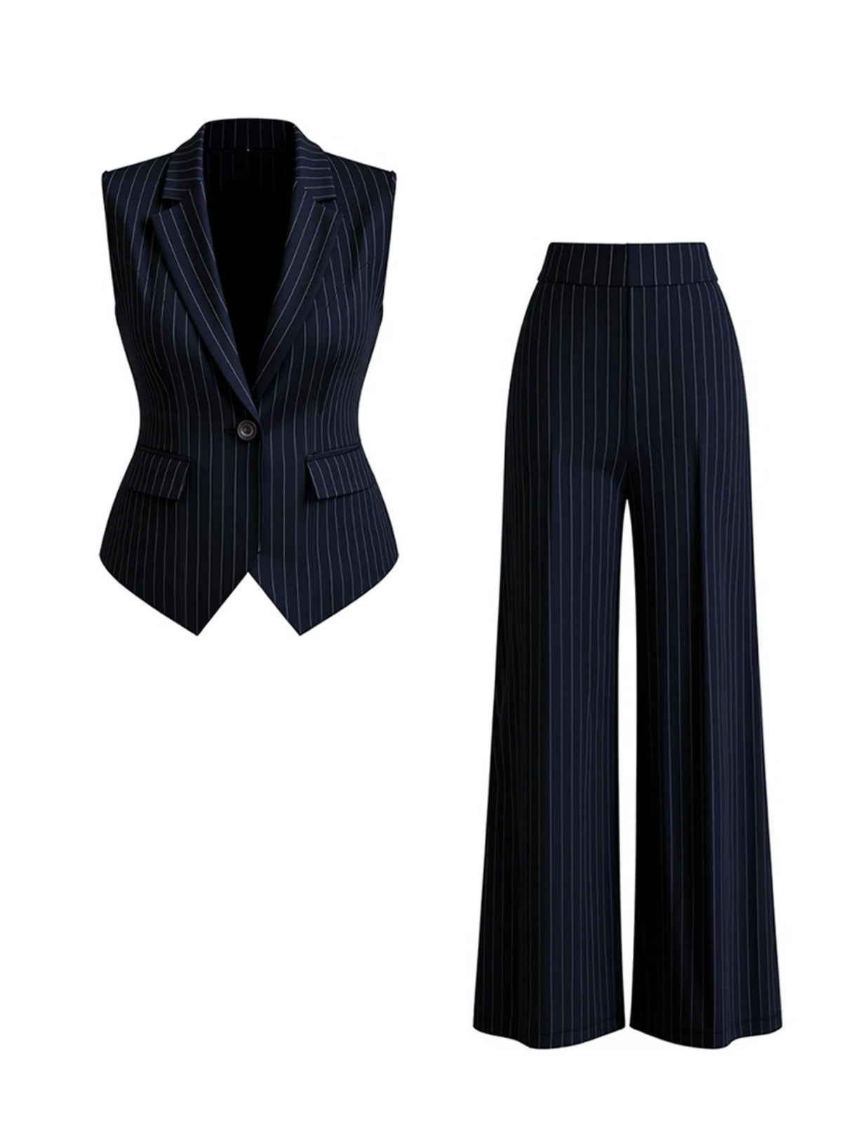 Vertical Stripe Lapel Sleeveless Vest And High Waist Wide Leg Pants