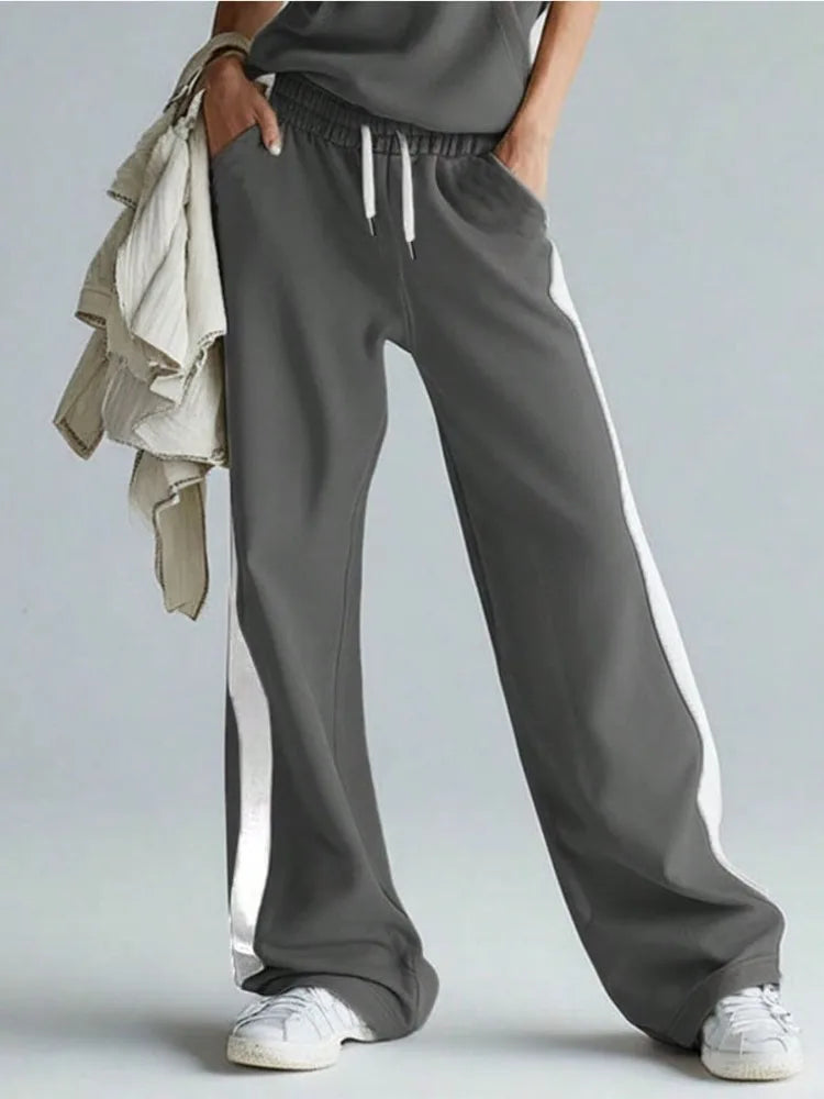 Women 2 Piece Outfit Half Zip Sleeveless Hooded Contrast Color Trim Vest Tops & Elastic Waist Side Stripe Wide Leg Sweatpants
