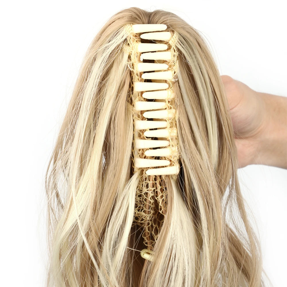 18 Inch Wavy Claw Clip In Ponytail Hair Extensions Synthetic Curly Wave Claw Pony Tail Hair Blonde Layer Hair Ponytail Hairpieces For Women Daily Use