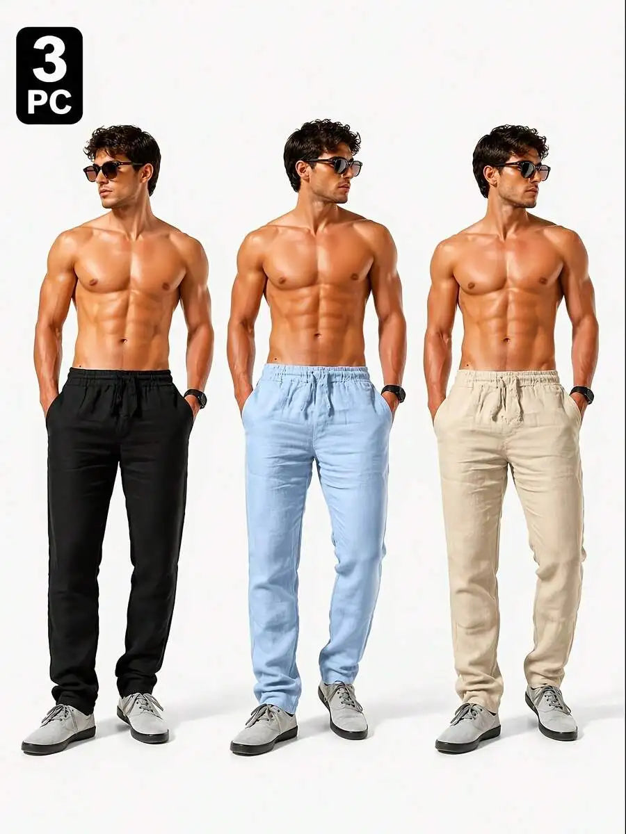 3pcs Men'S Casual Summer Pants, Lightweight Breathable Drawstring Trousers, Loose Fit Solid Color Pants For Daily Wear
