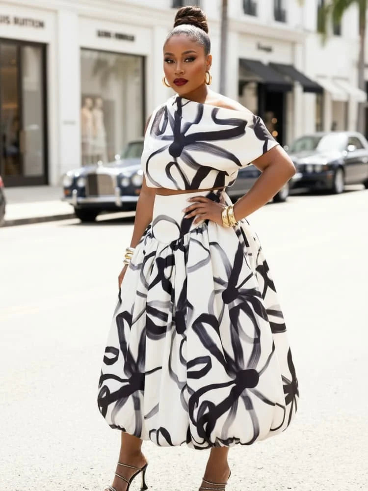 Plus Size Asymmetrical Neck Sleeveless Crop Top + High Waist Bubble Midi Skirt Matching Set