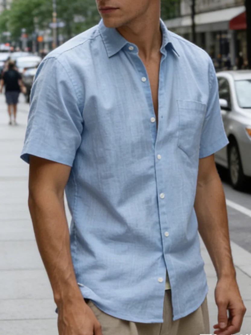 Men Slim Fit White Linen Short Sleeve Shirt