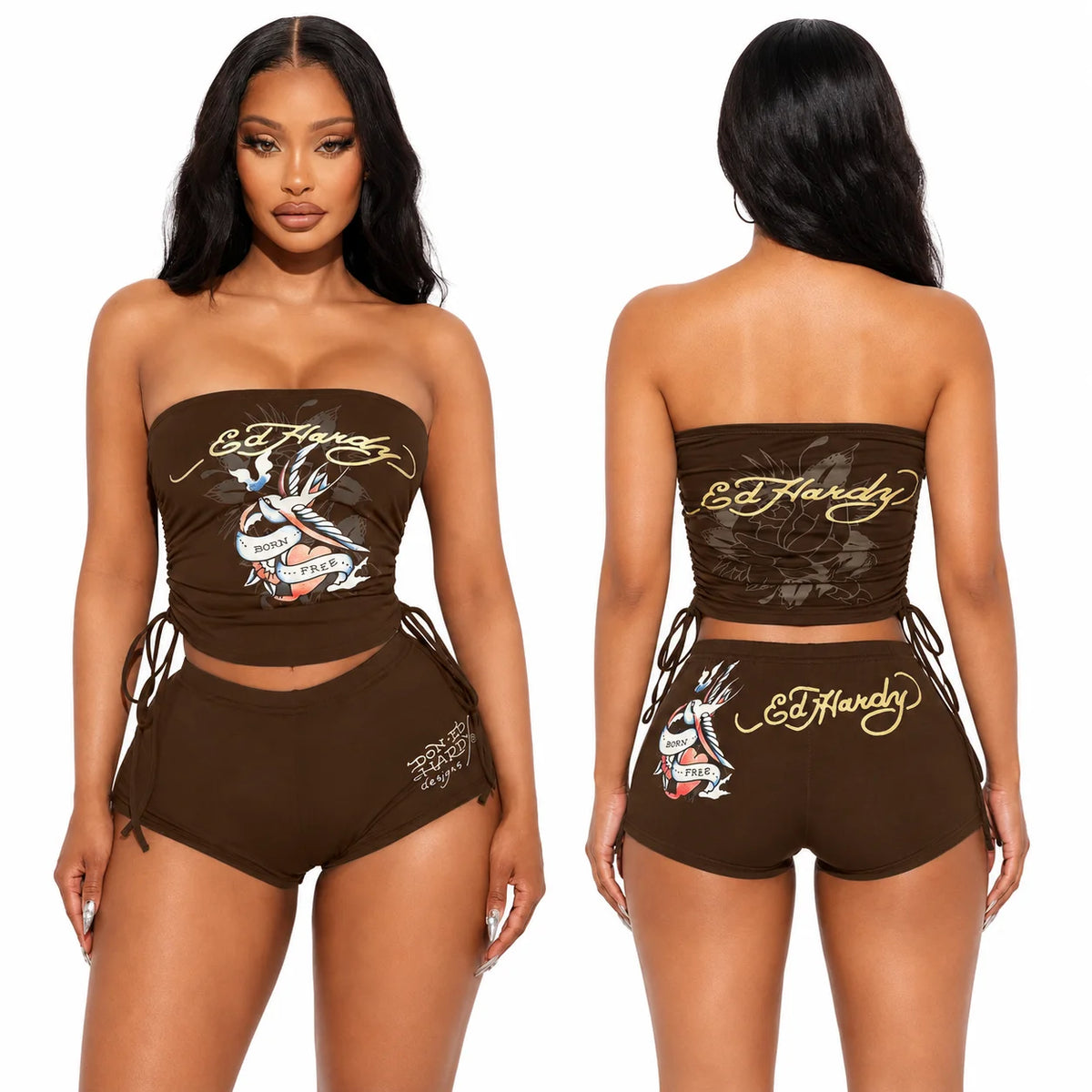 English: Women 2 Piece Y2K Outfits Vintage Tattoo Graphic Strapless Tube Top High Cut Shorts Set Adjustable Drawstring Ruched Crop Top Casual Going Out Tracksuit