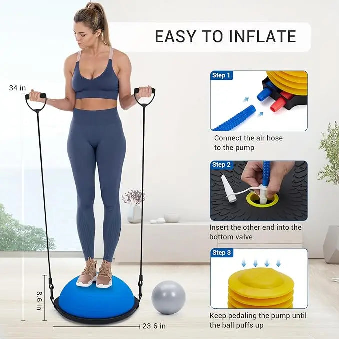 25in Half Balance Ball Trainer, Inflatable Stability Exercise Ball with Resistance Bands, Pump & Small Pilates Ball, for Core Strength Training, Yoga, and Full-Body Workouts