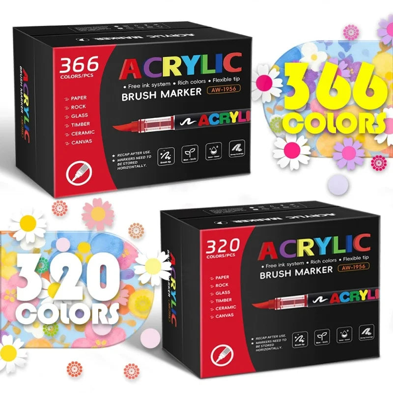 320/366Colors Acrylic Markers Brush Pens for Fabric Rock Painting Pen Stone Ceramic Wood DIY Card Making Art Supplies