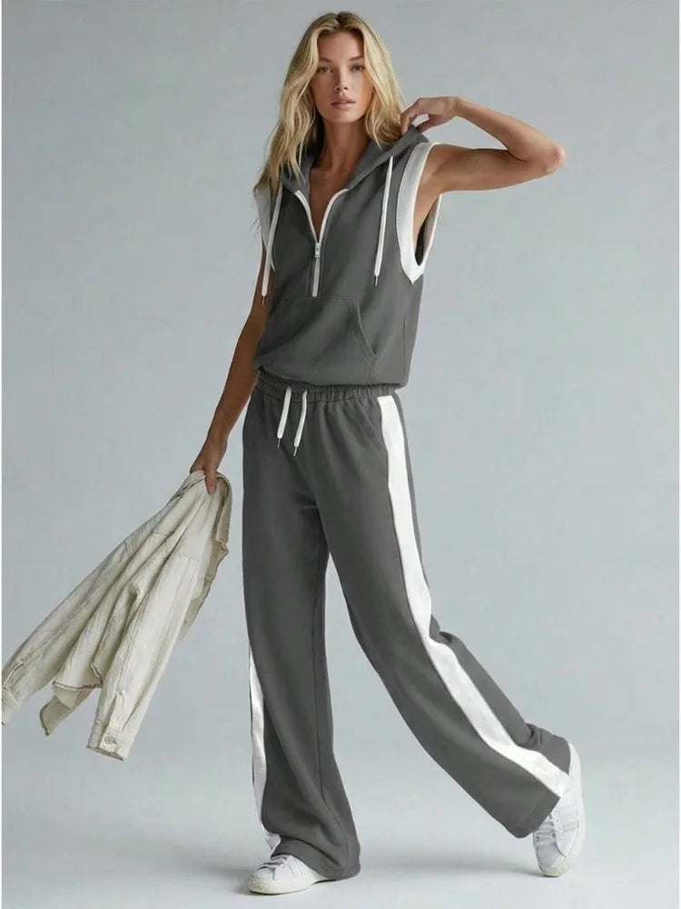 Women 2 Piece Outfit Half Zip Sleeveless Hooded Contrast Color Trim Vest Tops & Elastic Waist Side Stripe Wide Leg Sweatpants