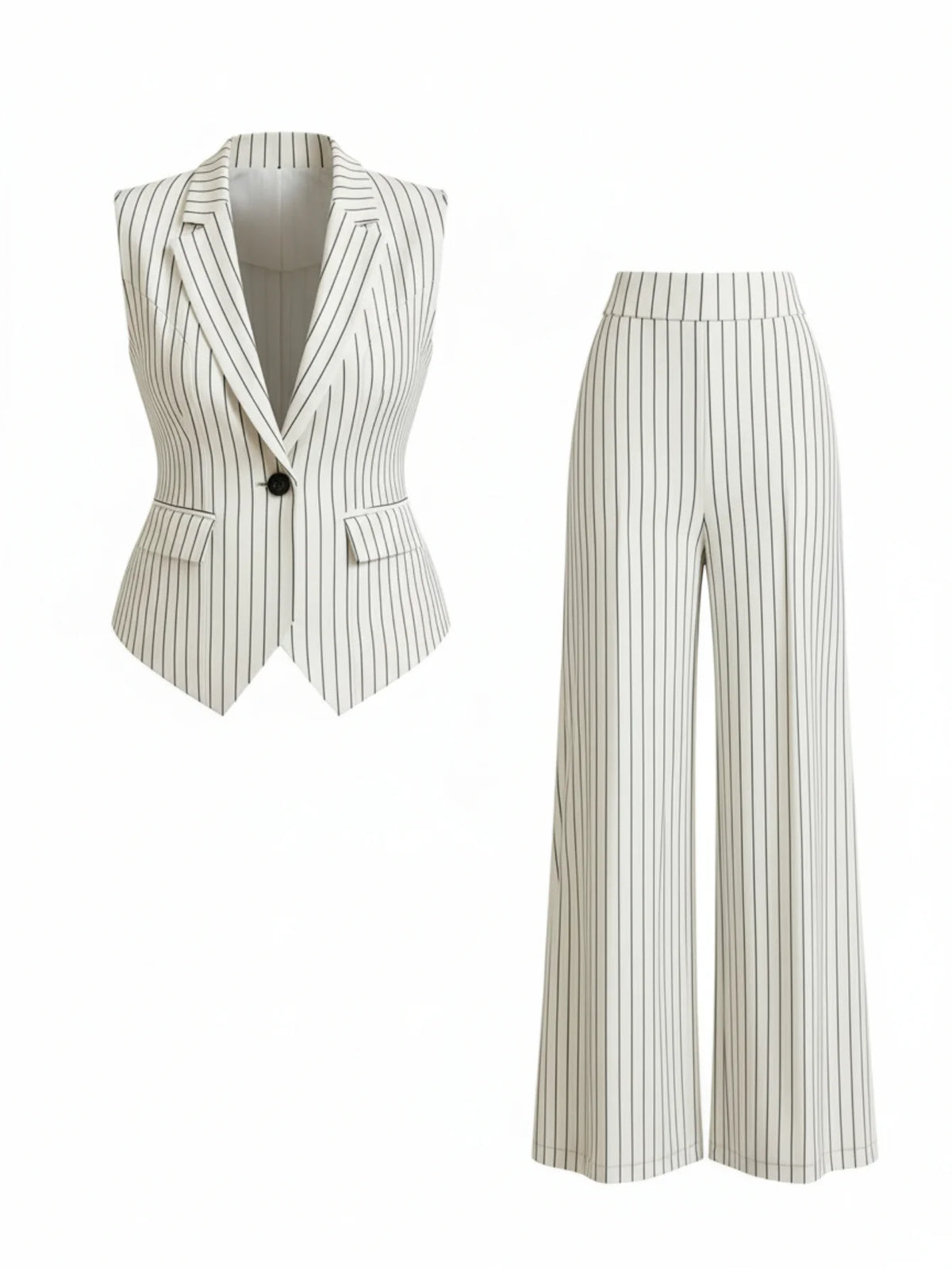Vertical Stripe Lapel Sleeveless Vest And High Waist Wide Leg Pants