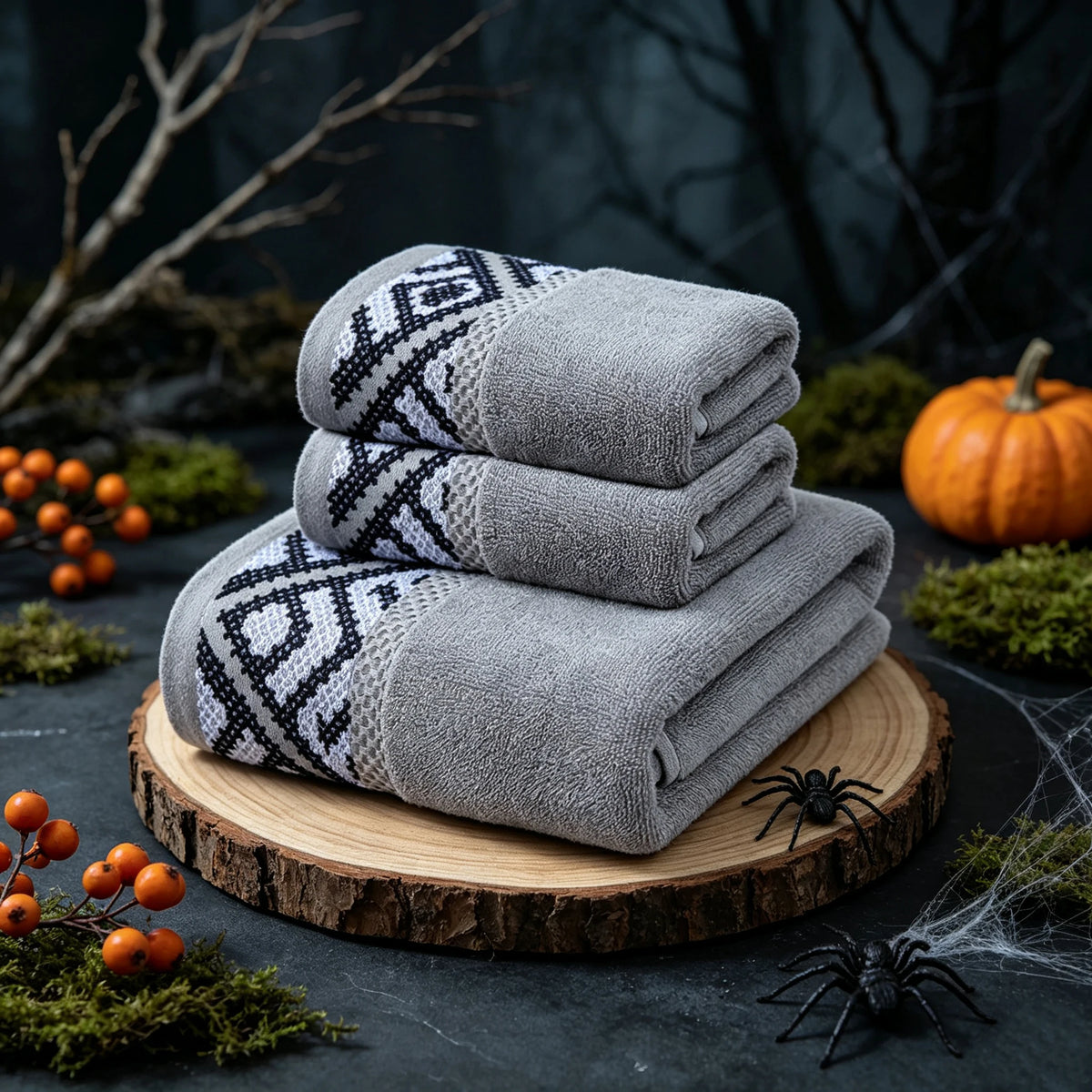Geometric Jacquard Cotton Towel Set With Quick Dry Absorbency