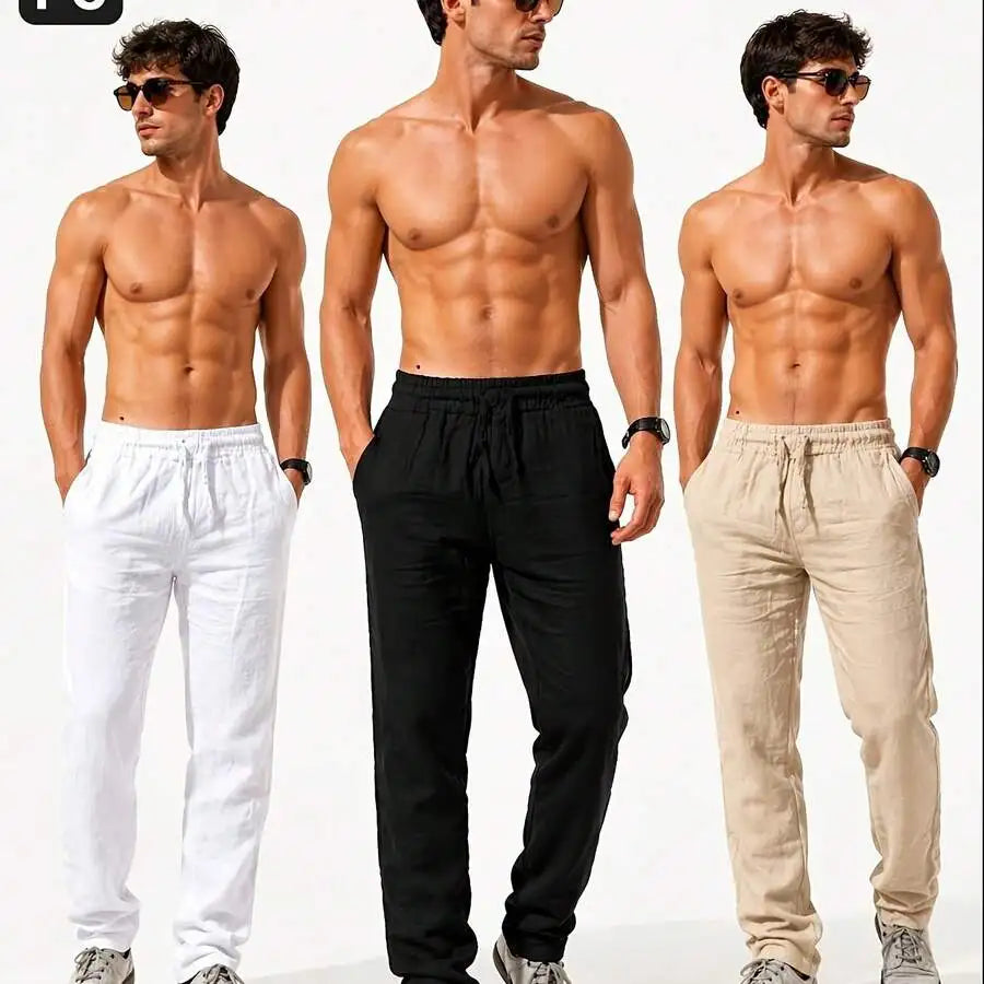 3pcs Men'S Casual Summer Pants, Lightweight Breathable Drawstring Trousers, Loose Fit Solid Color Pants For Daily Wear