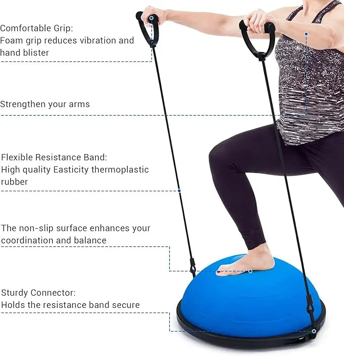 25in Half Balance Ball Trainer, Inflatable Stability Exercise Ball with Resistance Bands, Pump & Small Pilates Ball, for Core Strength Training, Yoga, and Full-Body Workouts