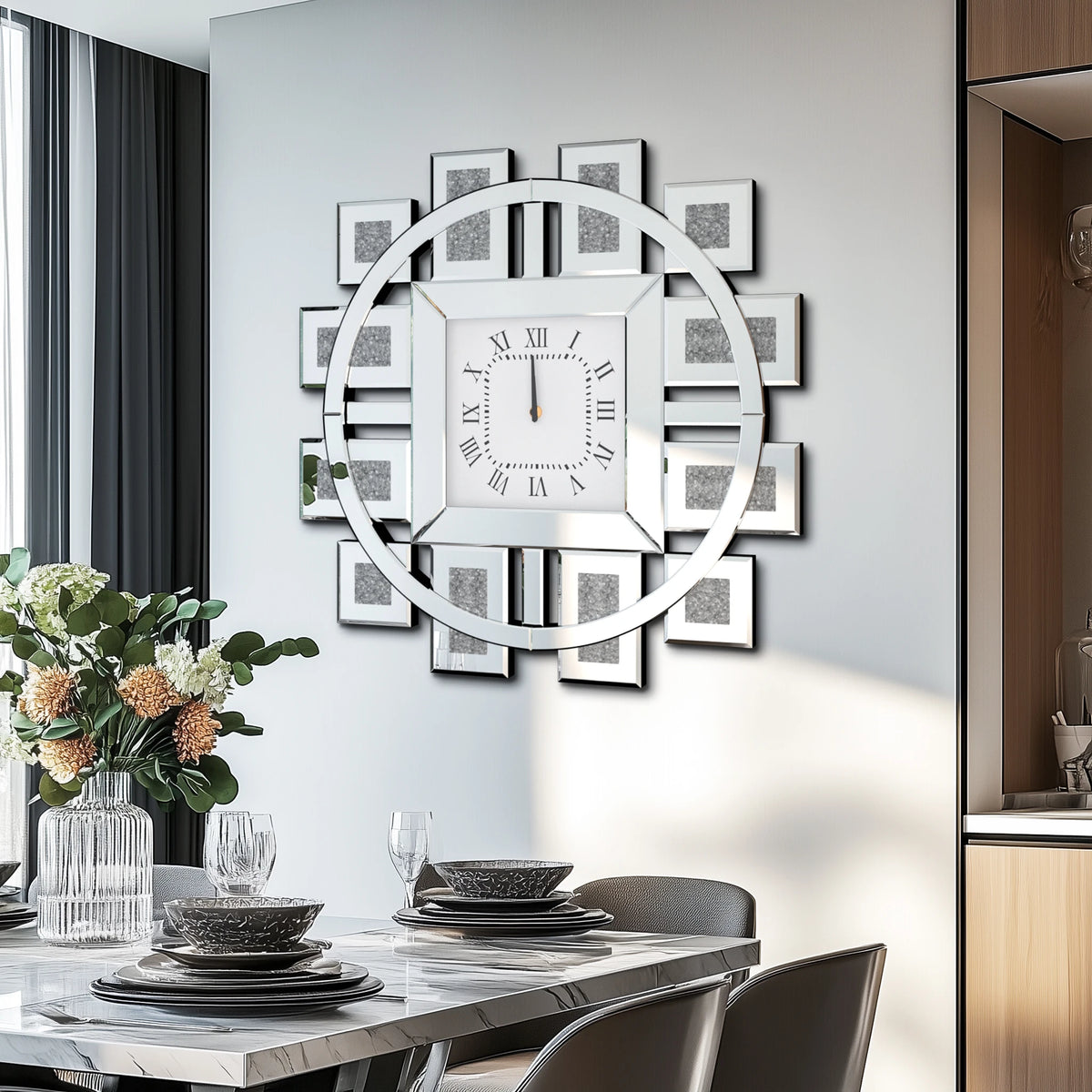 Clock With Crushed Diamond And Beveled Mirror Edge Wall Decor