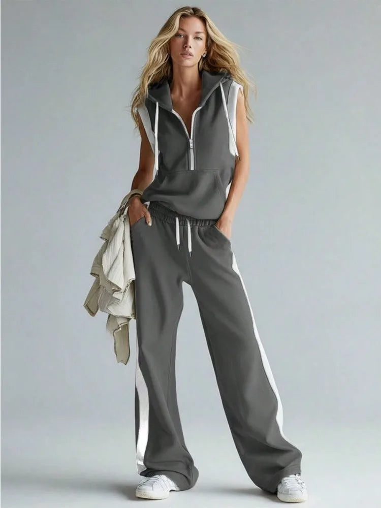 Women 2 Piece Outfit Half Zip Sleeveless Hooded Contrast Color Trim Vest Tops & Elastic Waist Side Stripe Wide Leg Sweatpants