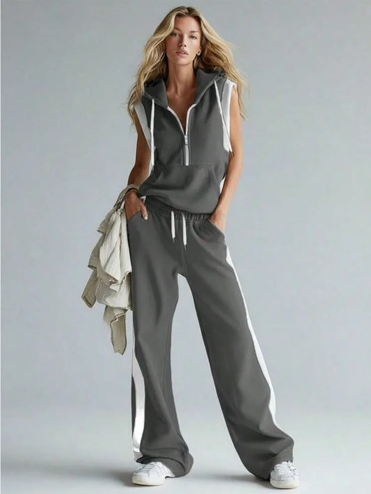 Women 2 Piece Outfit Half Zip Sleeveless Hooded Contrast Color Trim Vest Tops & Elastic Waist Side Stripe Wide Leg Sweatpants