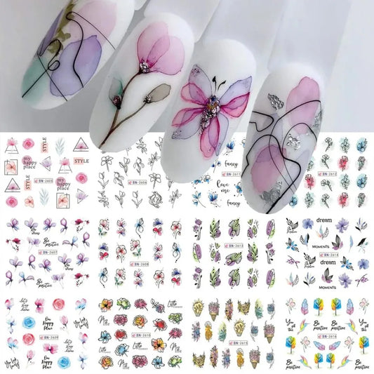 Ink Flowers Nail Art Sticker Summer Water Decal Blooming Flowers Leaves Graffiti Slider Nail Decoration Foils Tattoo