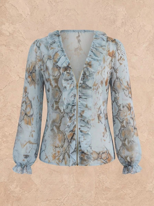 Women V Neck Ruffle Trim Zipper Front Long Sleeve