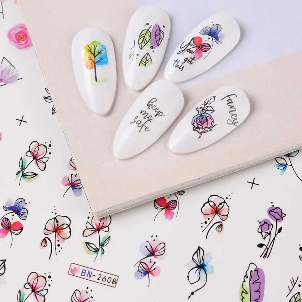 Ink Flowers Nail Art Sticker Summer Water Decal Blooming Flowers Leaves Graffiti Slider Nail Decoration Foils Tattoo