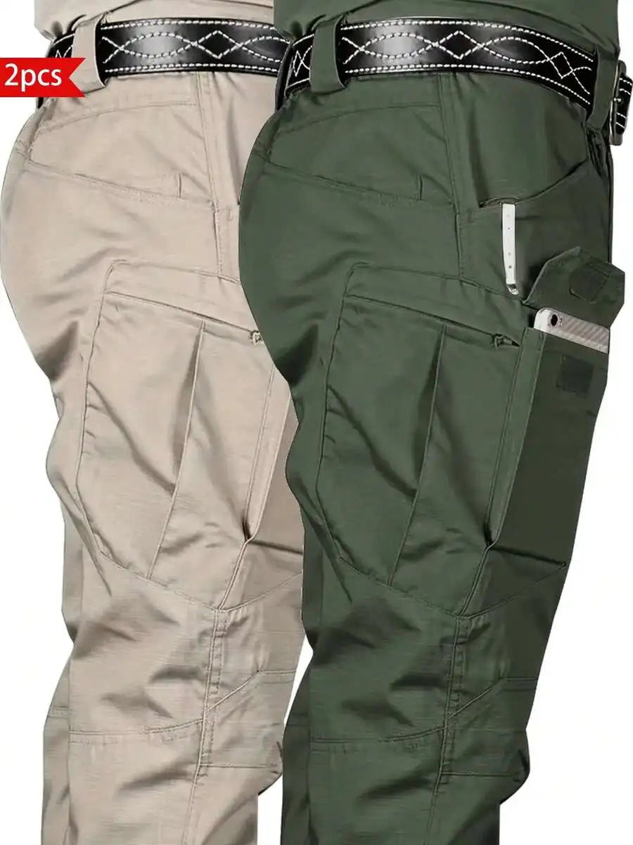 2-Pack Men'S Tactical Cargo Pants - Quick-Dry, Multi-Pocket, Wear-Resistant, Polyester Fabric, Non-Stretch, Solid Color,