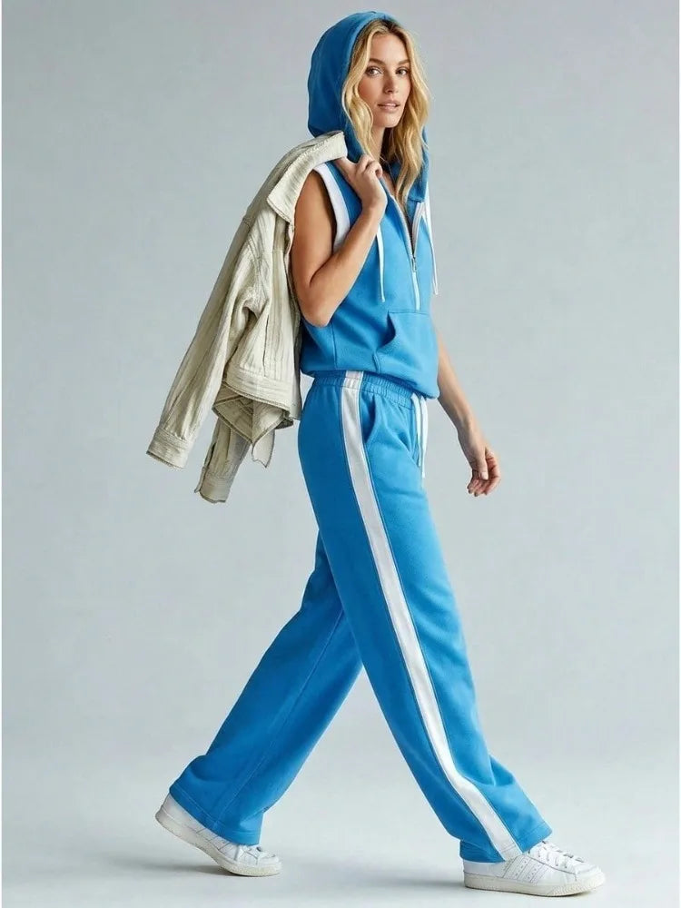 Women 2 Piece Outfit Half Zip Sleeveless Hooded Contrast Color Trim Vest Tops & Elastic Waist Side Stripe Wide Leg Sweatpants