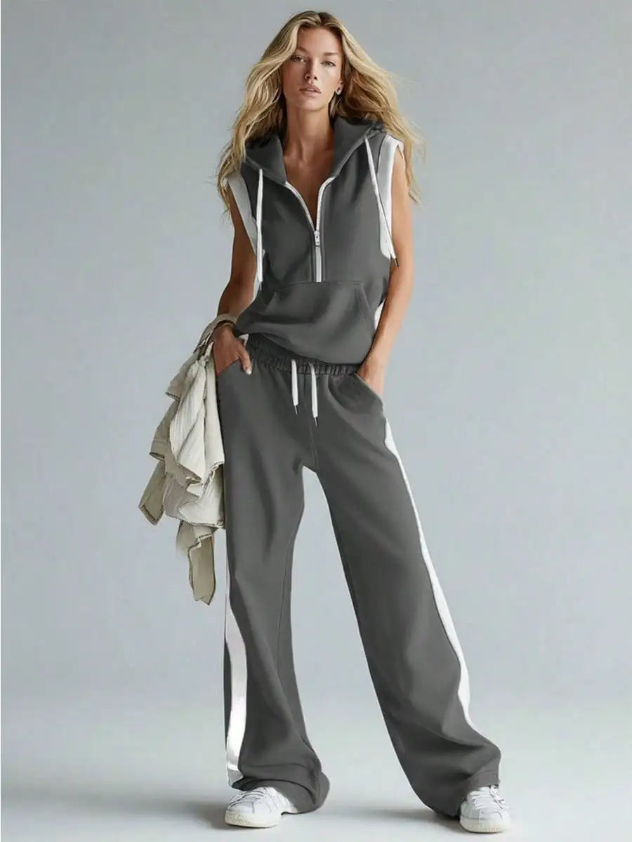 Women 2 Piece Outfit Half Zip Sleeveless Hooded Contrast Color Trim Vest Tops & Elastic Waist Side Stripe Wide Leg Sweatpants