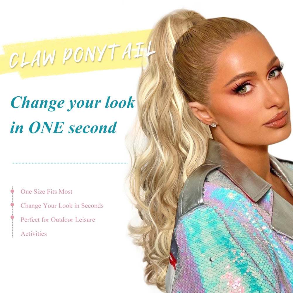 18 Inch Wavy Claw Clip In Ponytail Hair Extensions Synthetic Curly Wave Claw Pony Tail Hair Blonde Layer Hair Ponytail Hairpieces For Women Daily Use