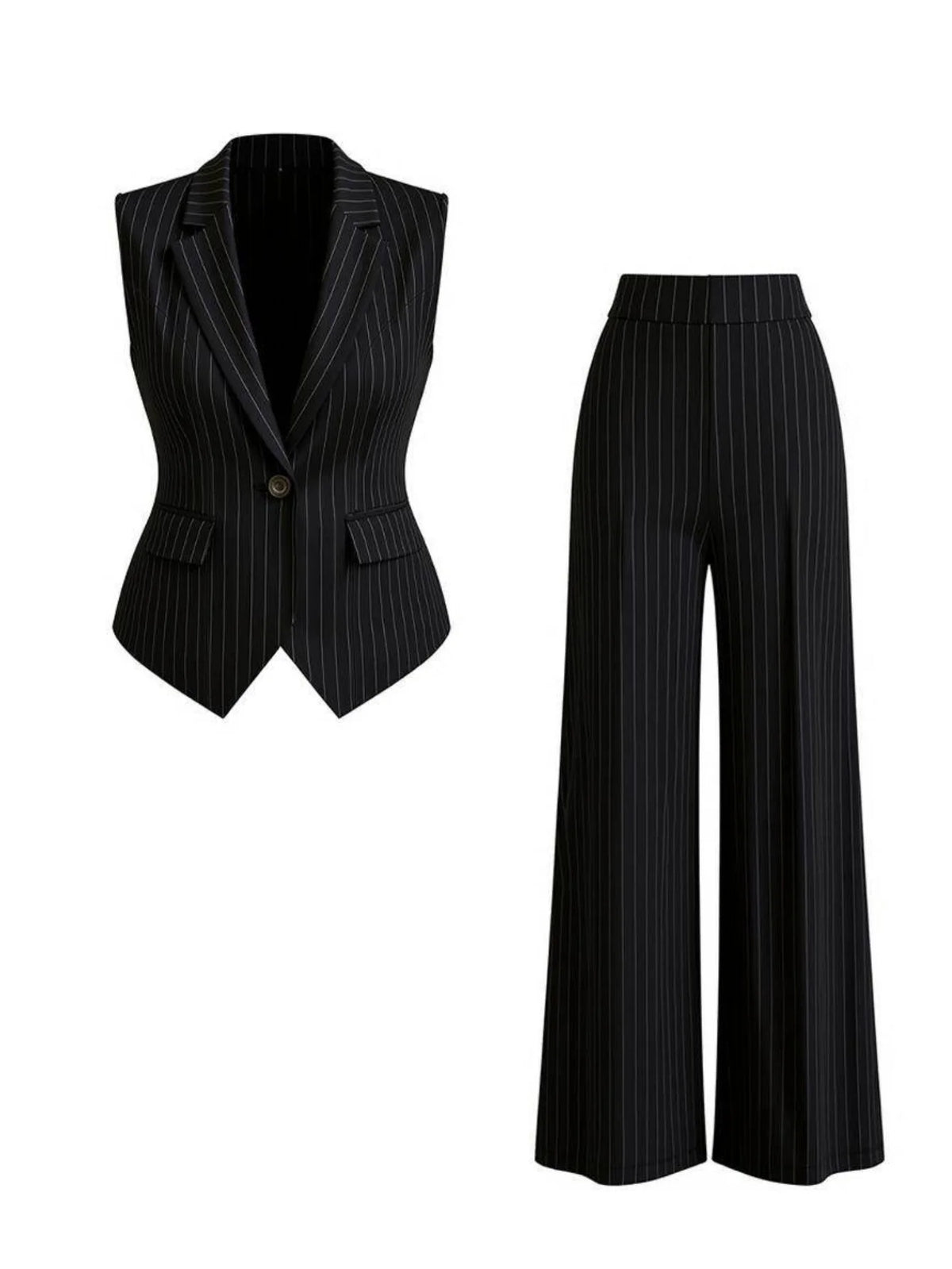 Vertical Stripe Lapel Sleeveless Vest And High Waist Wide Leg Pants