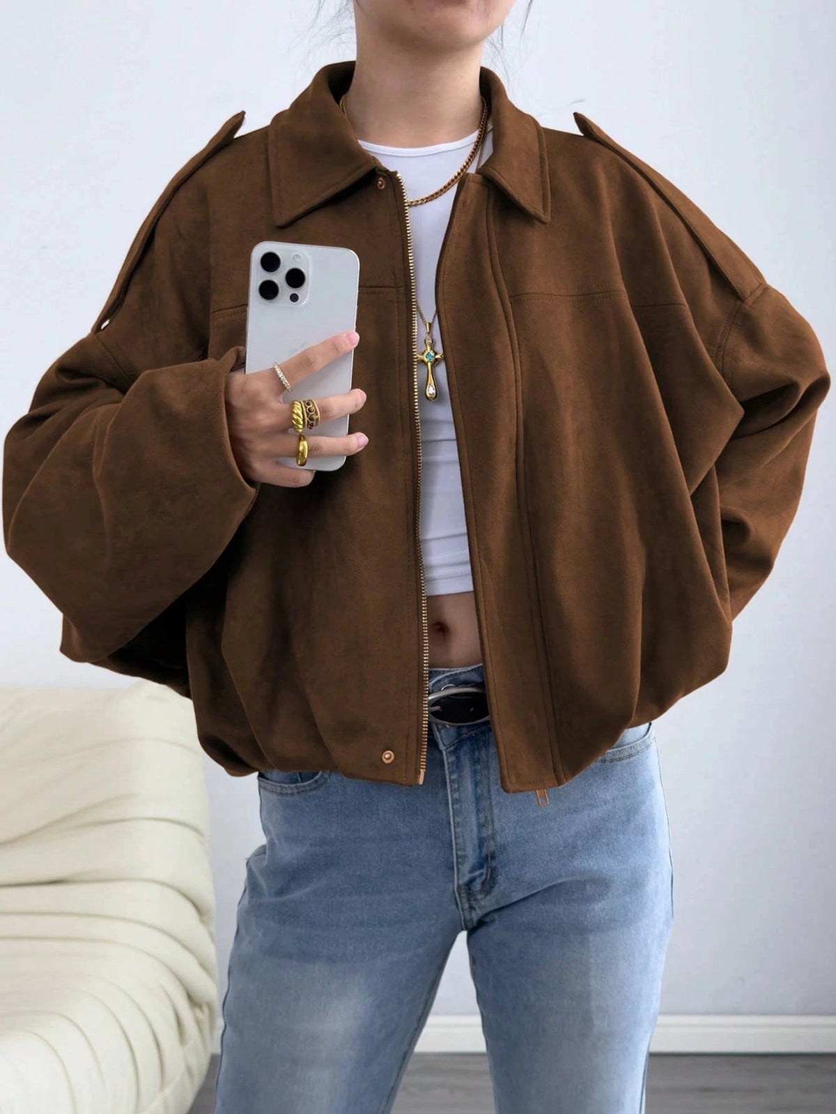 Womens Vintage Suede Casual Zipper Jacket for Night Out