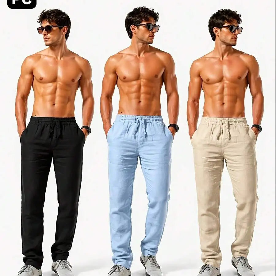 3pcs Men'S Casual Summer Pants, Lightweight Breathable Drawstring Trousers, Loose Fit Solid Color Pants For Daily Wear