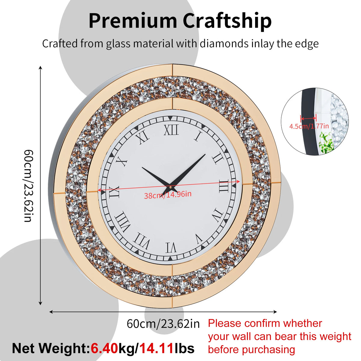 Crushed Diamond Decorative Wall Clock With Glass Crystal Finish
