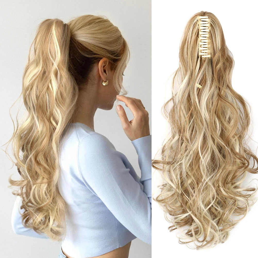 18 Inch Wavy Claw Clip In Ponytail Hair Extensions Synthetic Curly Wave Claw Pony Tail Hair Blonde Layer Hair Ponytail Hairpieces For Women Daily Use