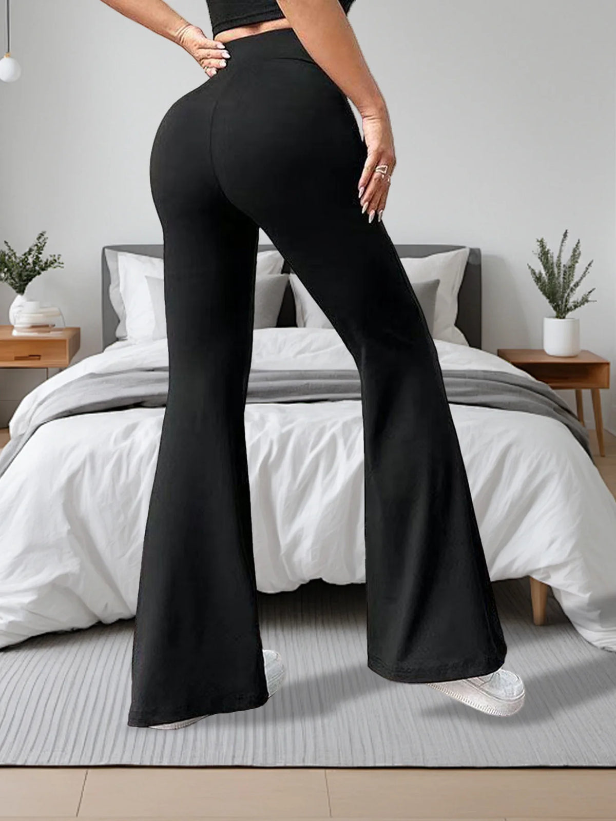 4-piece set of high waisted women's loose solid color casual bell bottom pants