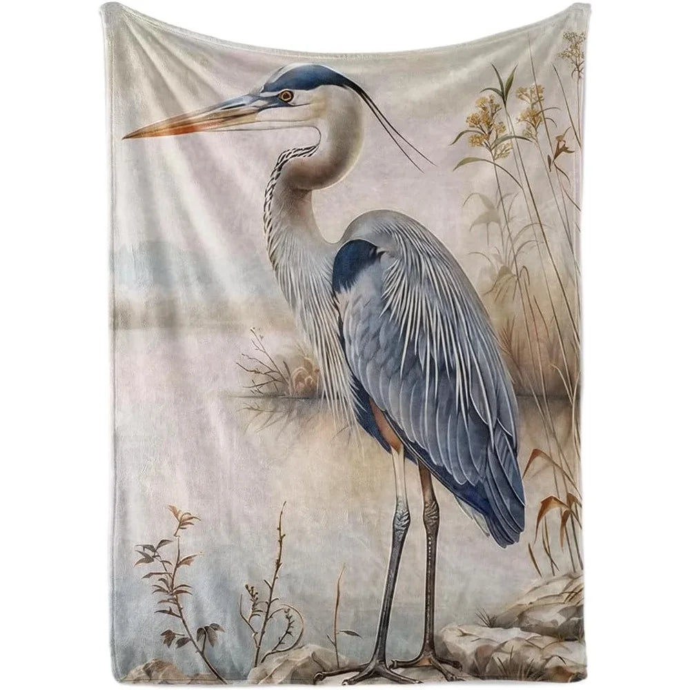 Blue Heron Bird Print Flannel Throw Blanket For All Seasons