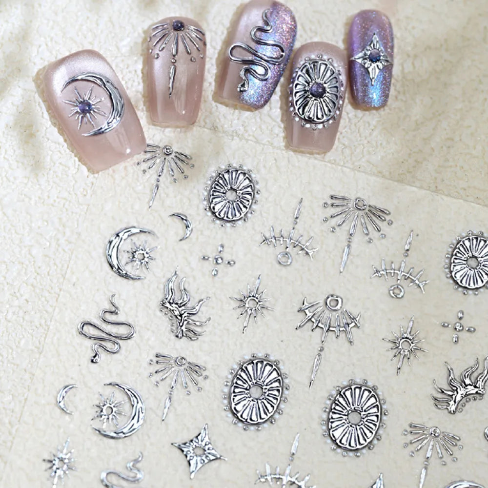Gold Silver Snake Stars Nail Stickers for Nail Decoation Decals 5D Self-Adhesive Bronzing Stars Moon Totem DIY Supplies 2030