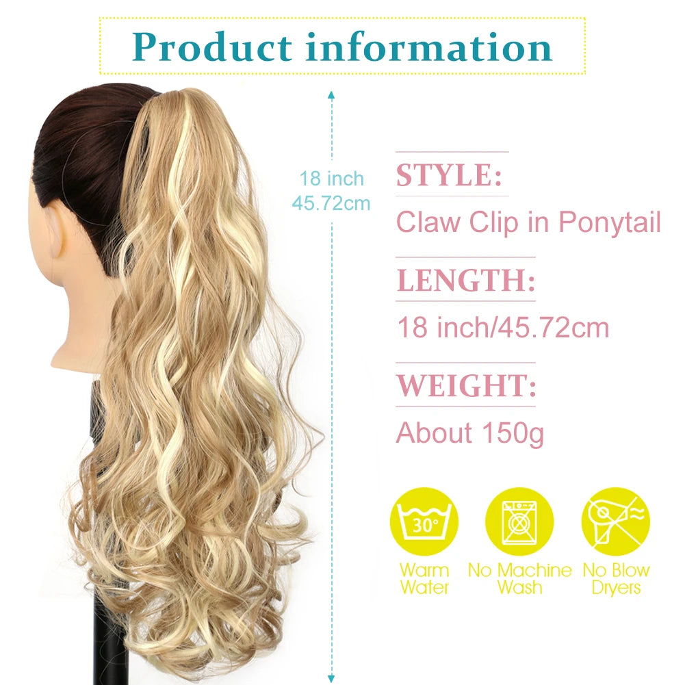 18 Inch Wavy Claw Clip In Ponytail Hair Extensions Synthetic Curly Wave Claw Pony Tail Hair Blonde Layer Hair Ponytail Hairpieces For Women Daily Use